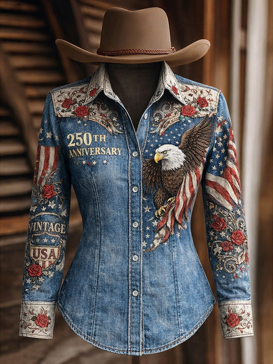 Women's Retro Casual American 250th Anniversary Print Vintage Long Sleeves Shirt